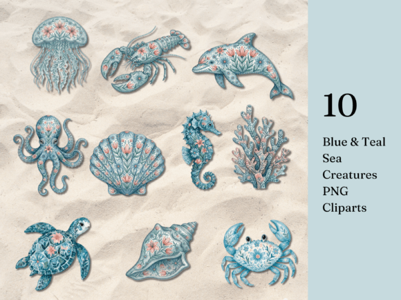 Blue Teal Watercolor Sea Creatures PNG